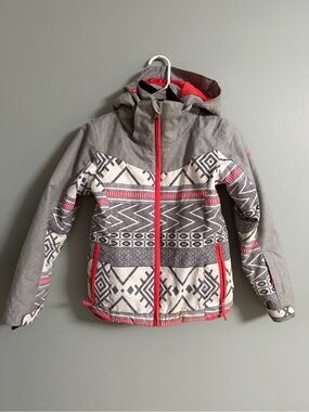 Roxy Girls Gray & Pink Patterned Hooded Puffer Jacket